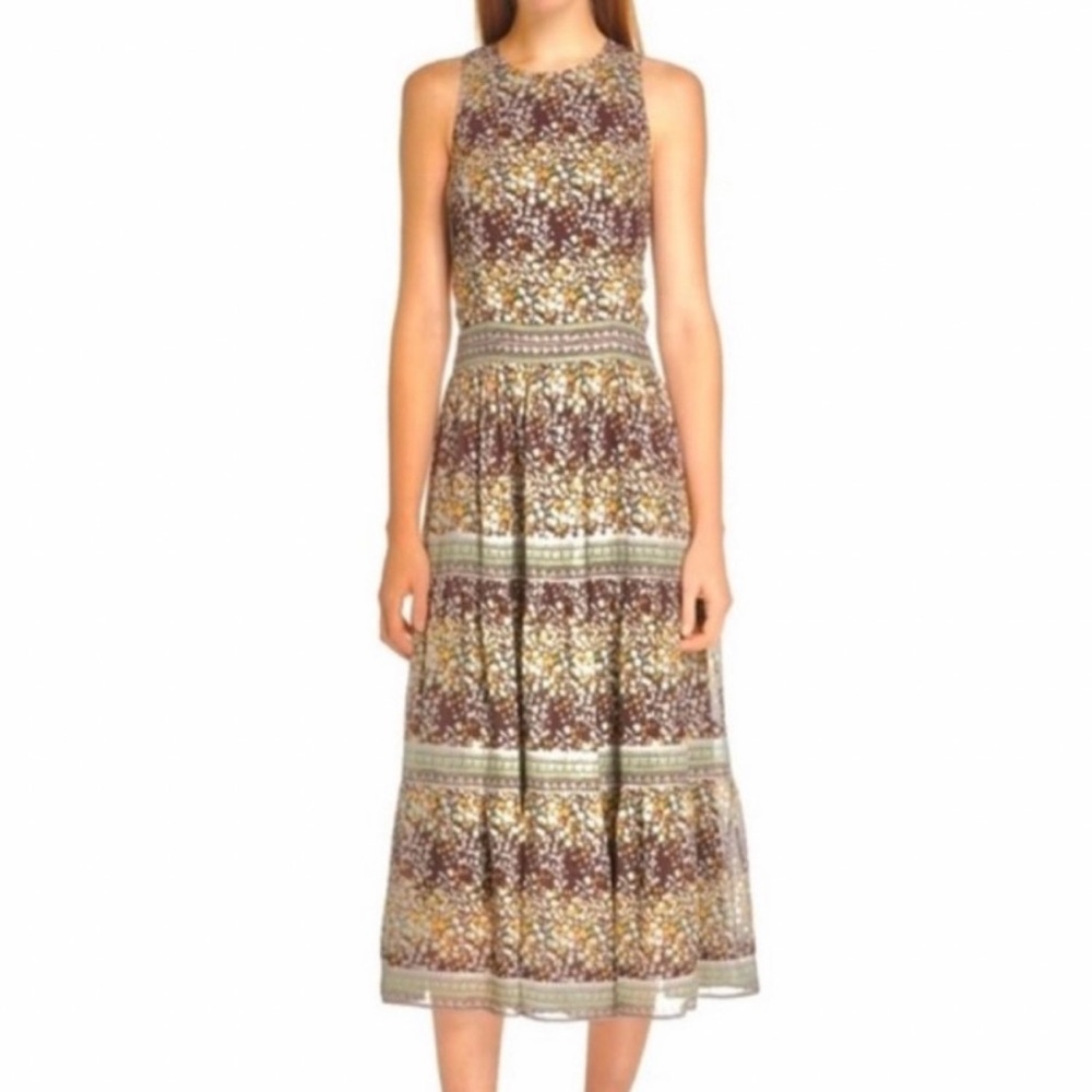 Sea NY Maya Brown Floral Midi Dress with Criss Cross Back NWT